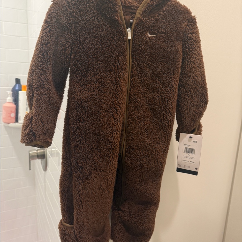 Nike Brown Sherpa Fleece Kids One-Piece Romper with Hood